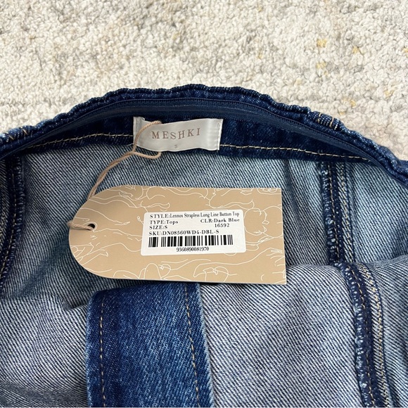 NWT Meshki Lennox Denim Strapless Top & Wide Leg Jeans Set XXS Tall Fit Blue - Picture 10 of 11